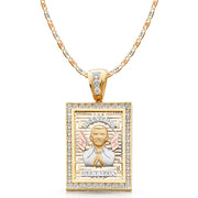 14K Gold CZ Malverde Sinaloa Charm Pendant with 4.2mm Valentino Star Diamond Cut Chain Necklace