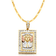 14K Gold CZ Malverde Sinaloa Charm Pendant with 3.8mm Figaro 3+1 Chain Necklace