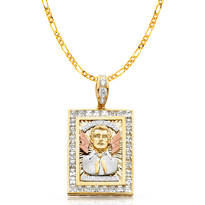 14K Gold CZ Malverde Sinaloa Charm Pendant with 3.8mm Figaro 3+1 Chain Necklace