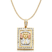 14K Gold CZ Malverde Sinaloa Charm Pendant with 4.9mm Hollow Cuban Chain Necklace