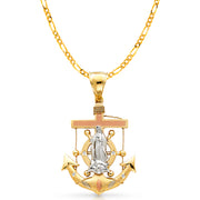 14K Gold Guadalupe Charm Pendant with 3.8mm Figaro 3+1 Chain Necklace