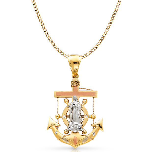 14K Gold Guadalupe Charm Pendant with 4.9mm Hollow Cuban Chain Necklace