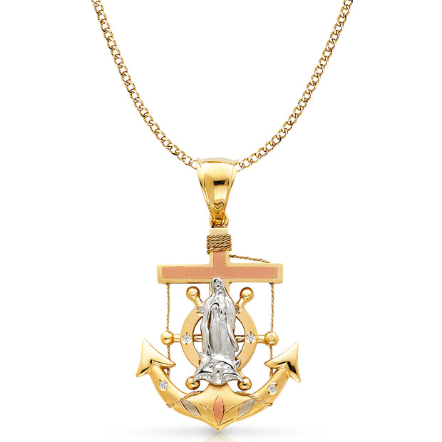 14K Gold Guadalupe Charm Pendant with 4.9mm Hollow Cuban Chain Necklace