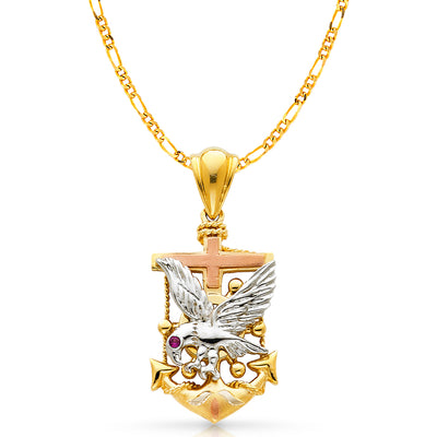 14K Gold Eagle Anchor Charm Pendant with 3.8mm Figaro 3+1 Chain Necklace