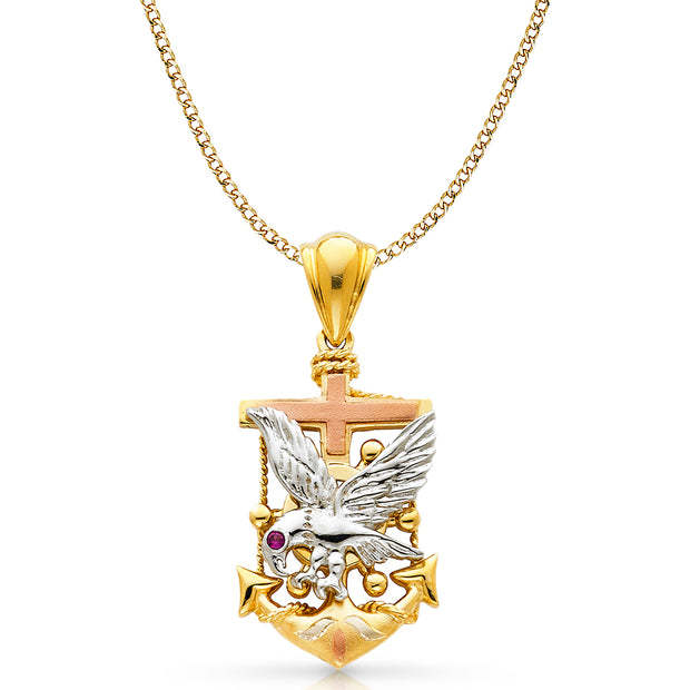 14K Gold Eagle Anchor Charm Pendant with 4.9mm Hollow Cuban Chain Necklace