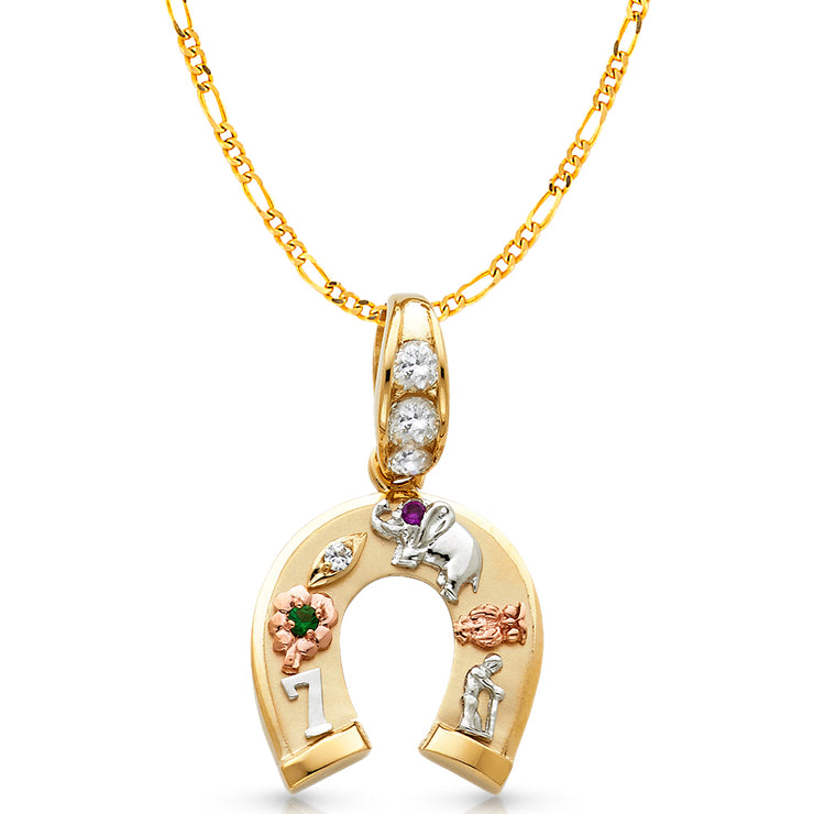 14K Gold CZ Lucky Horseshoe Charm Pendant with 3.8mm Figaro 3+1 Chain Necklace