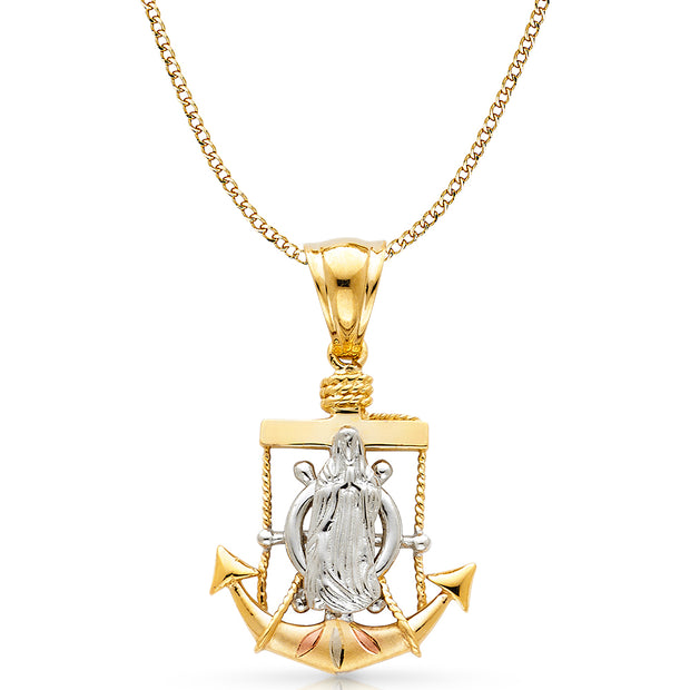 14K Gold Guadalupe Charm Pendant with 4.9mm Hollow Cuban Chain Necklace