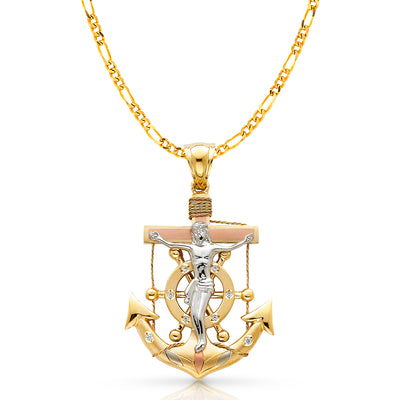 14K Gold Crucifix Anchor Charm Pendant with 3.8mm Figaro 3+1 Chain Necklace