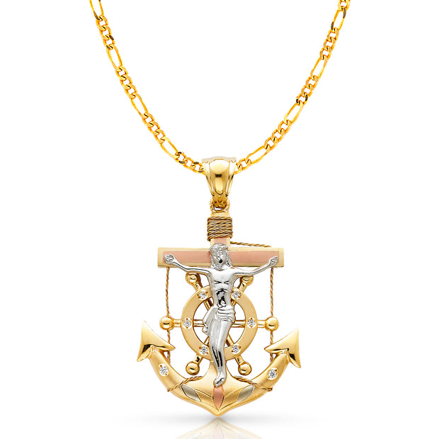 14K Gold Crucifix Anchor Charm Pendant with 3.8mm Figaro 3+1 Chain Necklace