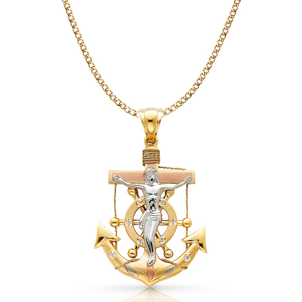 14K Gold Crucifix Anchor Charm Pendant with 4.9mm Hollow Cuban Chain Necklace