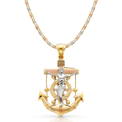 14K Gold Religious Crucifix Anchor Charm Pendant 4.8mm Valentino Star Diamond Cut Chain