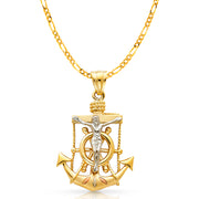 14K Gold Crucifix Anchor Charm Pendant with 3.8mm Figaro 3+1 Chain Necklace