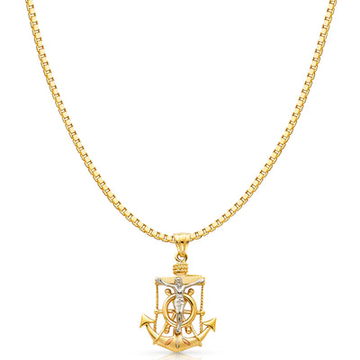 14K Gold Religious Crucifix Anchor Charm Pendant with 1.2mm Box Chain Necklace