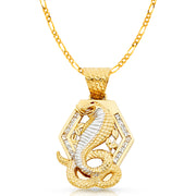 14K Gold CZ Viper Snake Charm Pendant with 3.8mm Figaro 3+1 Chain Necklace