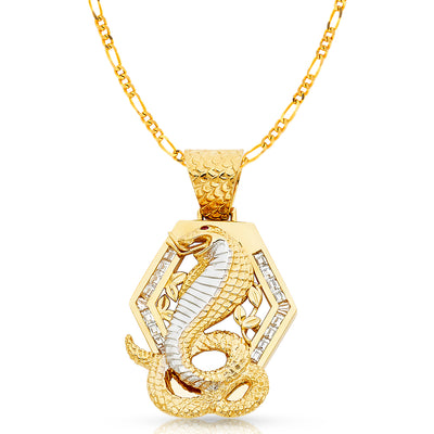 14K Gold CZ Viper Snake Charm Pendant with 3.8mm Figaro 3+1 Chain Necklace