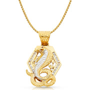 14K Gold CZ Viper Snake Charm Pendant with 2mm Flat Open Wheat Chain Necklace