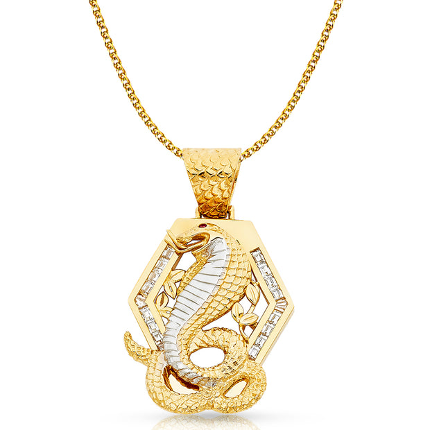 14K Gold CZ Viper Snake Charm Pendant with 2mm Flat Open Wheat Chain Necklace