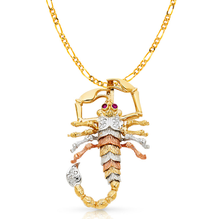 14K Gold Scorpion Charm Pendant with 3.8mm Figaro 3+1 Chain Necklace