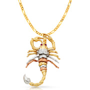 14K Gold Scorpion Charm Pendant with 3.1mm Figaro 3+1 Chain Necklace