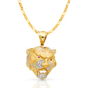 14K Gold CZ Tiger Charm Pendant with 3.8mm Figaro 3+1 Chain Necklace