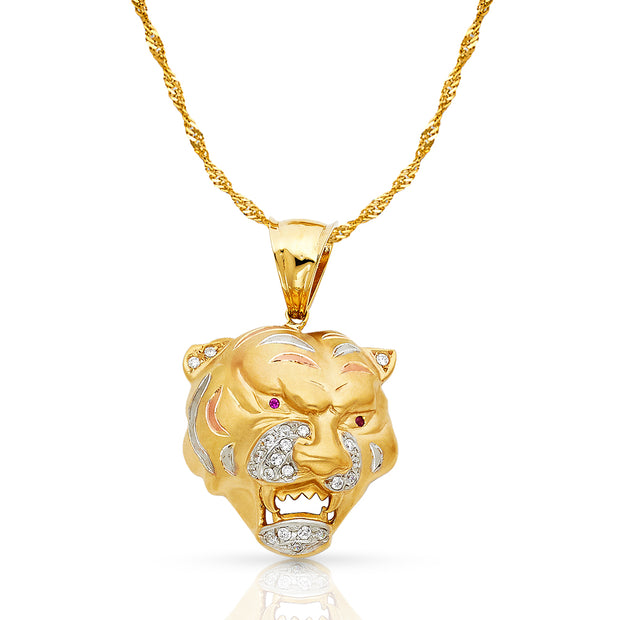 14K Gold CZ Tiger Charm Pendant with 1.8mm Singapore Chain Necklace