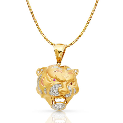 14K Gold CZ Tiger Charm Pendant with 2mm Flat Open Wheat Chain Necklace
