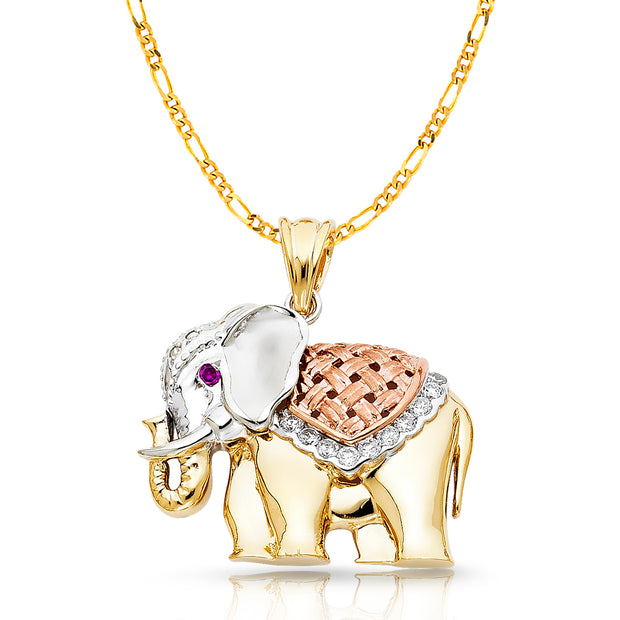 14K Gold CZ Elephant Charm Pendant with 3.8mm Figaro 3+1 Chain Necklace