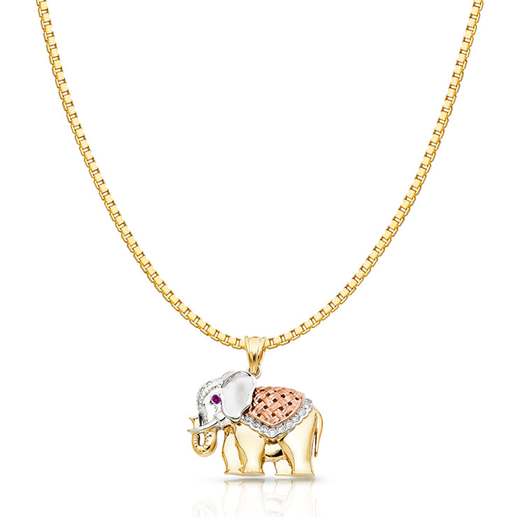 14K Gold CZ Elephant Charm Pendant with 1.2mm Box Chain Necklace