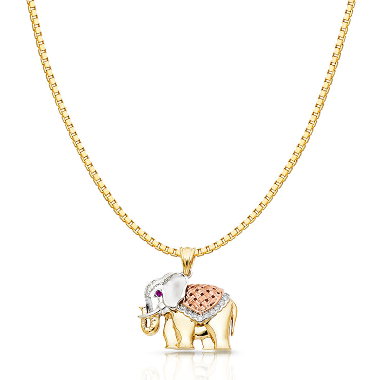 14K Gold CZ Elephant Charm Pendant with 1.2mm Box Chain Necklace