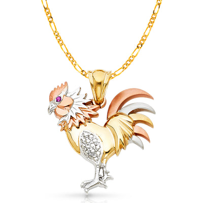 14K Gold CZ Rooster Charm Pendant with 3.8mm Figaro 3+1 Chain Necklace