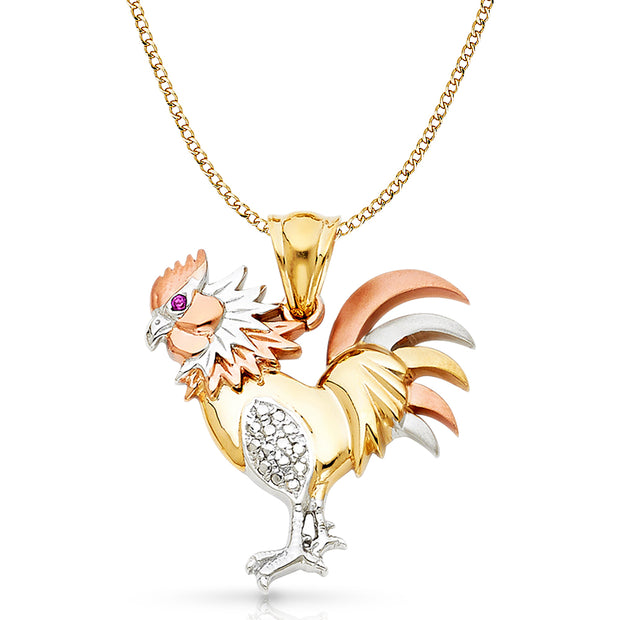 14K Gold CZ Rooster Charm Pendant with 4.2mm Hollow Cuban Chain Necklace