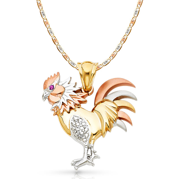 14K Gold CZ Rooster Charm Pendant with 4.2mm Valentino Star Diamond Cut Chain Necklace