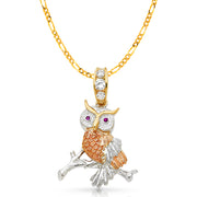 14K Gold CZ Owl Charm Pendant with 3.8mm Figaro 3+1 Chain Necklace