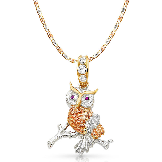 14K Gold CZ Owl Charm Pendant with 4.2mm Valentino Star Diamond Cut Chain Necklace