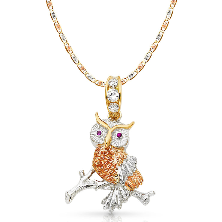 14K Gold CZ Owl Charm Pendant with 4.2mm Valentino Star Diamond Cut Chain Necklace