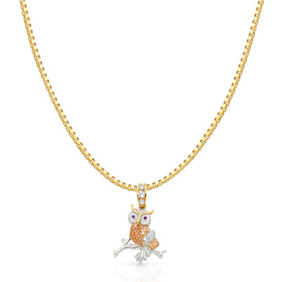 14K Gold CZ Owl Charm Pendant with 1.2mm Box Chain Necklace