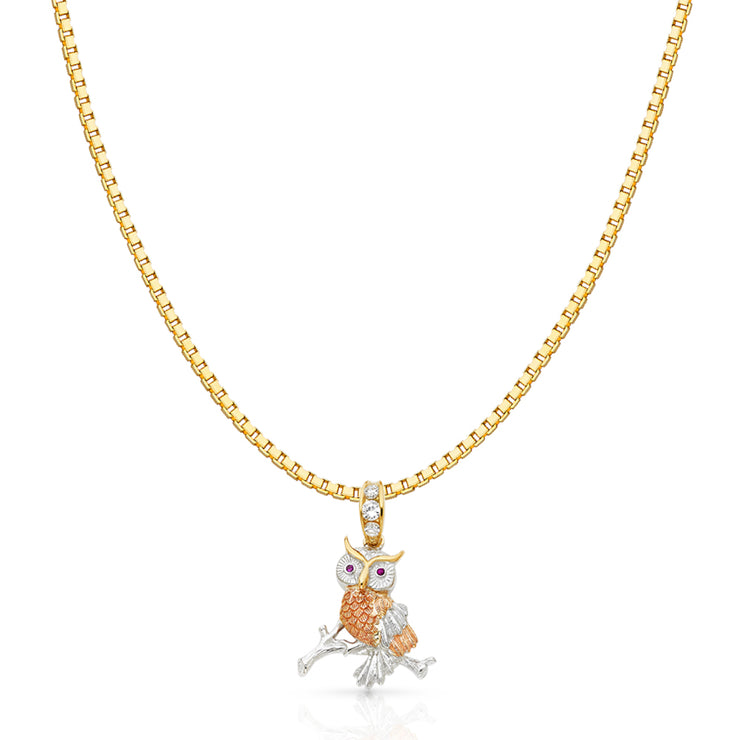 14K Gold CZ Owl Charm Pendant with 1.2mm Box Chain Necklace