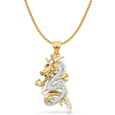 14K Gold CZ Dragon Charm Pendant with 2mm Flat Open Wheat Chain Necklace