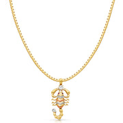 14K Gold CZ Scorpion Charm Pendant with 1.2mm Box Chain Necklace