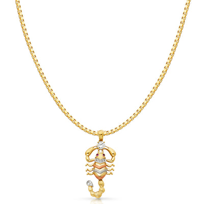 14K Gold CZ Scorpion Charm Pendant with 1.2mm Box Chain Necklace