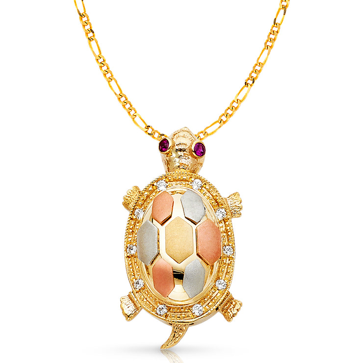 14K Gold CZ Turtle Charm Pendant with 3.1mm Figaro 3+1 Chain Necklace