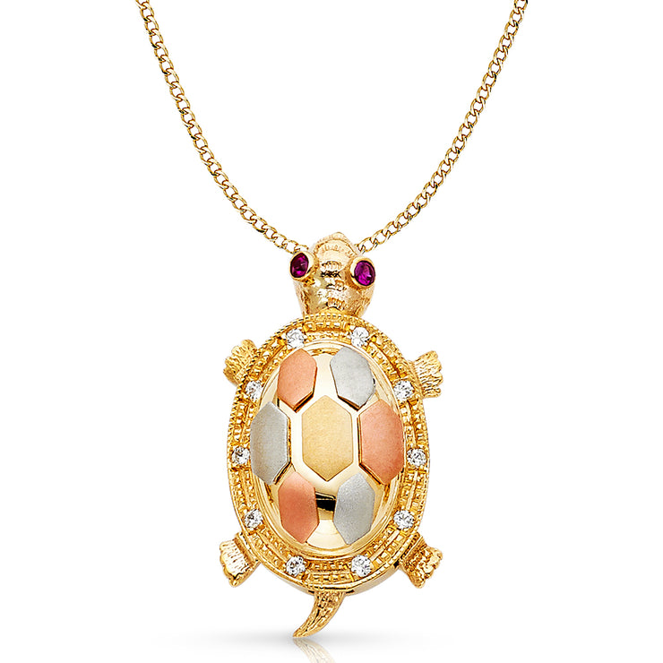 14K Gold CZ Turtle Charm Pendant with 3.4mm Hollow Cuban Chain Necklace