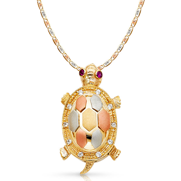 14K Gold CZ Turtle Charm Pendant with 3.3mm Valentino Star Diamond Cut Chain Necklace