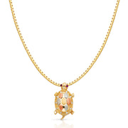 14K Gold CZ Turtle Charm Pendant with 1.2mm Box Chain Necklace