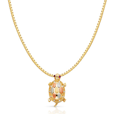 14K Gold CZ Turtle Charm Pendant with 1.2mm Box Chain Necklace