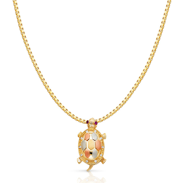 14K Gold CZ Turtle Charm Pendant with 1.2mm Box Chain Necklace