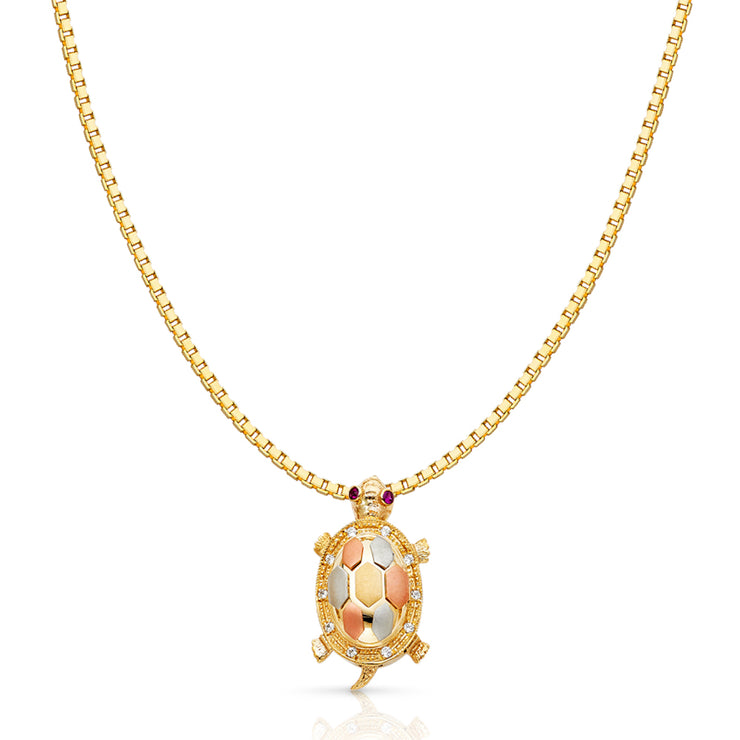 14K Gold CZ Turtle Charm Pendant with 1.2mm Box Chain Necklace