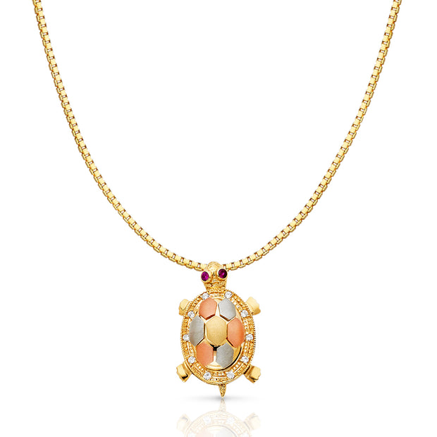 14K Gold CZTurtle Charm Pendant with 1.2mm Box Chain Necklace