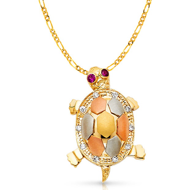 14K Gold CZ Turtle Charm Pendant with 3.1mm Figaro 3+1 Chain Necklace
