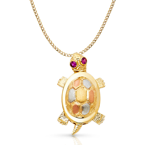 14K Gold Turtle Charm Pendant with 2.3mm Hollow Cuban Chain Necklace
